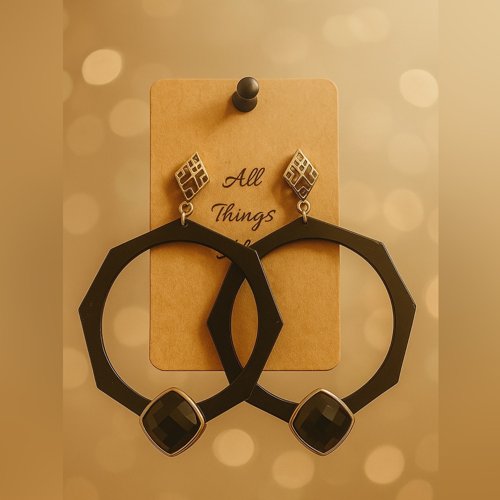 Dangle Hoop Earrings With Black Faceted Accents For Women Gold-Tone & Black